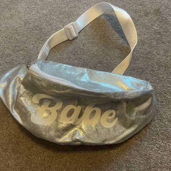 bebe Handbags - Silver Glitter Fanny Pack with 'Babe' Print